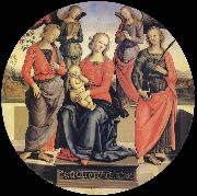 Pietro vannucci called IL perugino The Virgin and the Nino acompanados for two angeles, Holy Rose and Holy Catalina Sweden oil painting artist